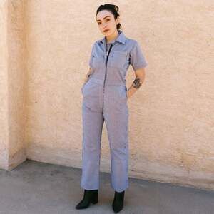 Nooworks Railroad Stripe Cotton Poplin Coveralls Short Sleeve Jumpsuit Size S
